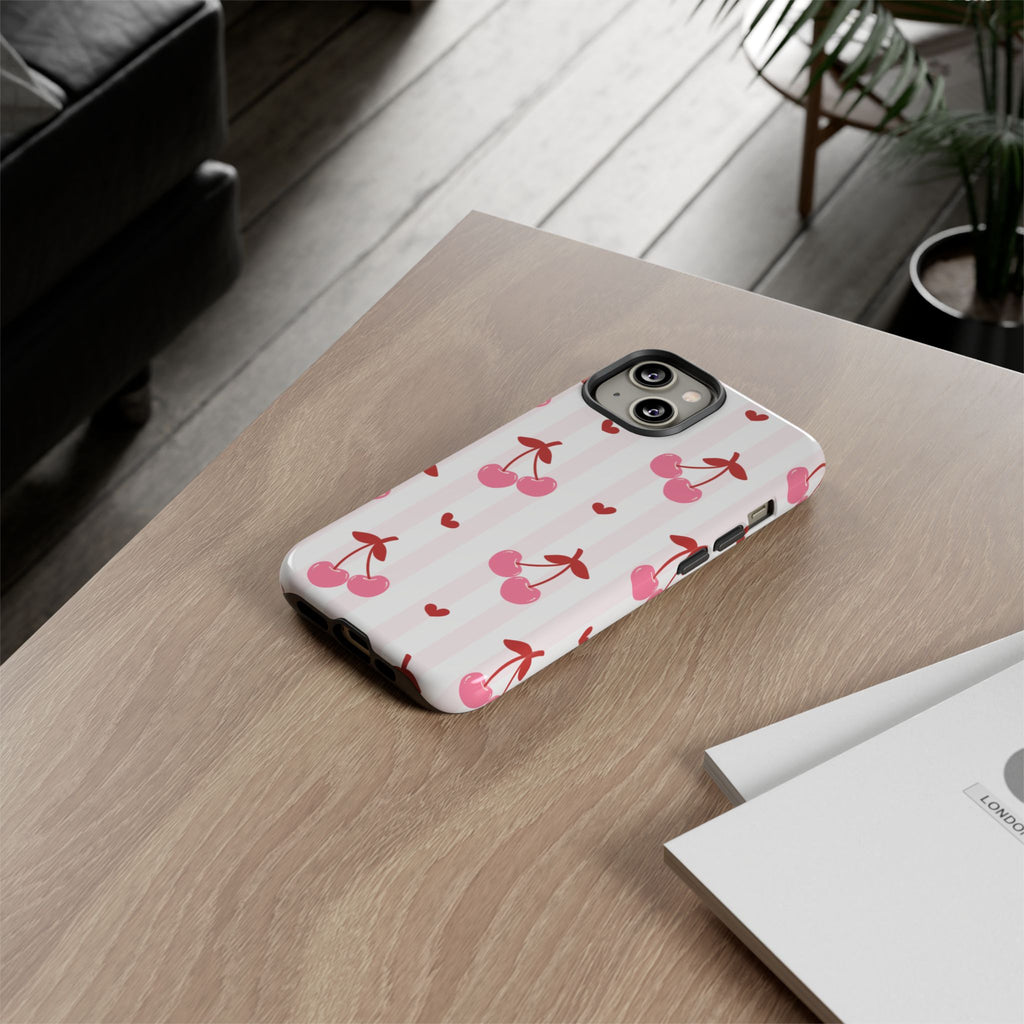 Pink Cherry Pattern Tough Phone Case — Cute Retro Fruit Design