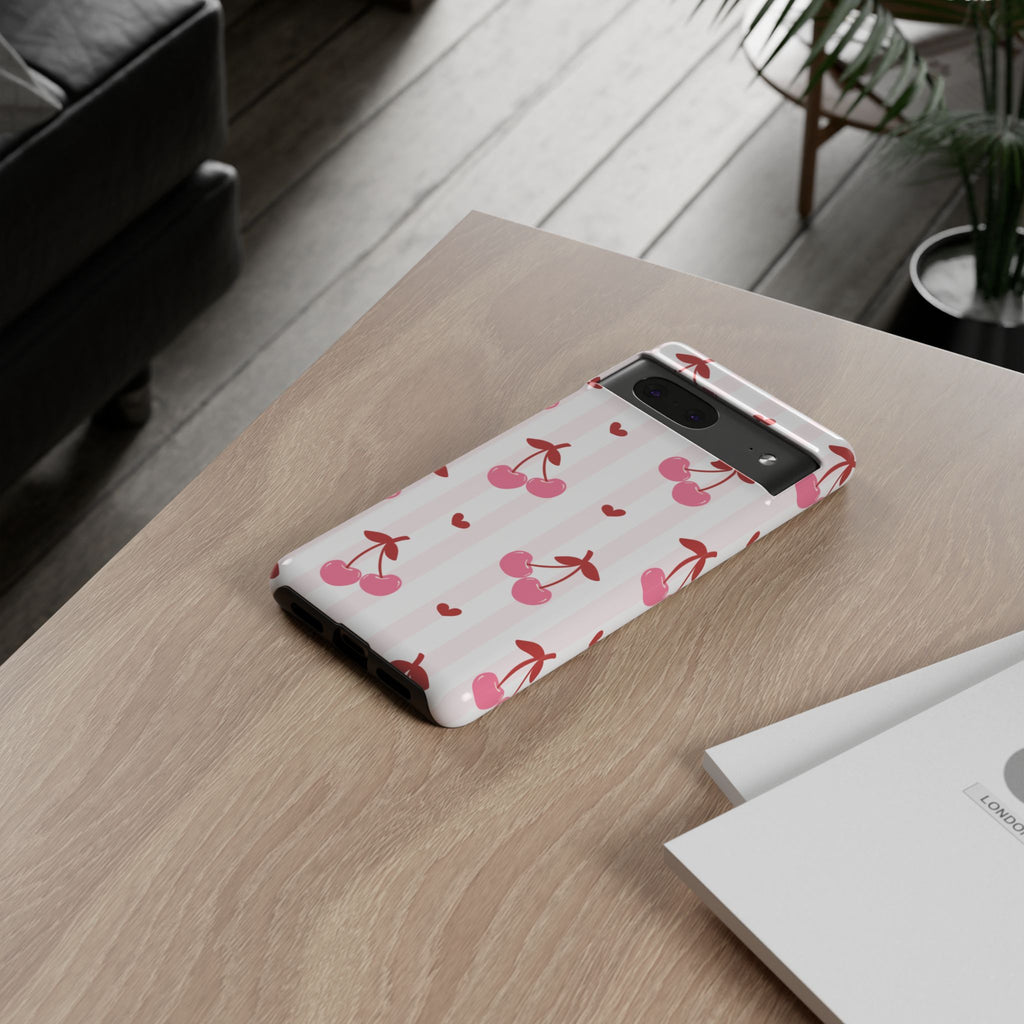 Pink Cherry Pattern Tough Phone Case — Cute Retro Fruit Design
