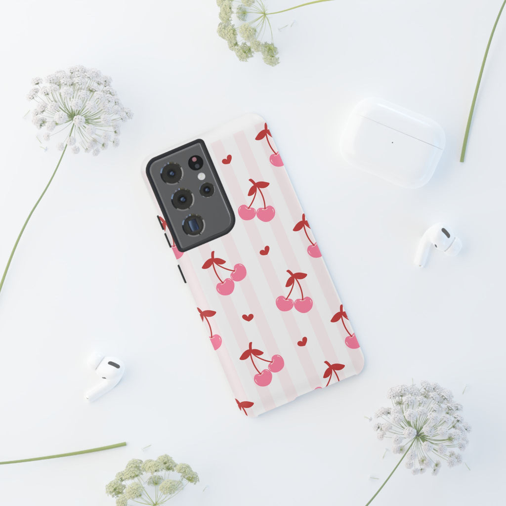 Pink Cherry Pattern Tough Phone Case — Cute Retro Fruit Design