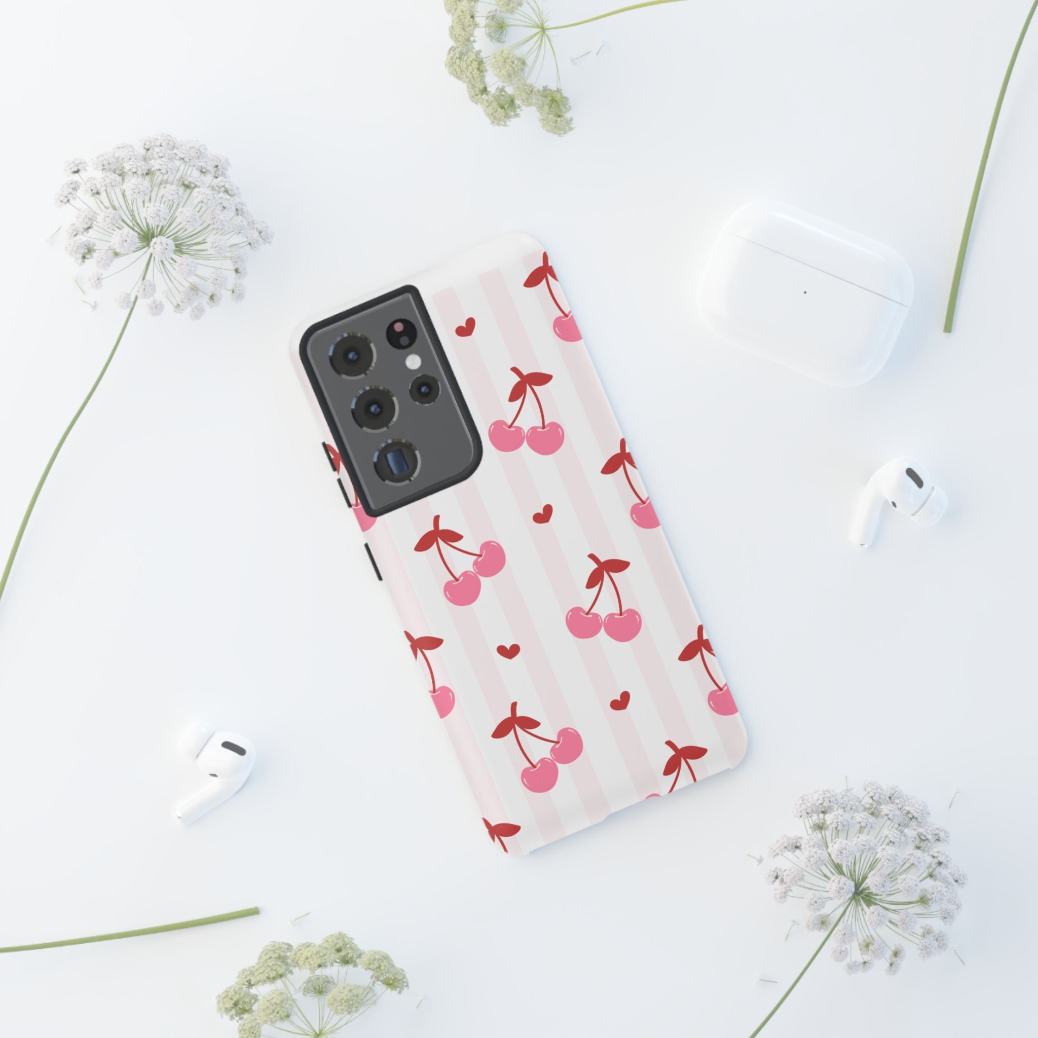 Pink Cherry Pattern Tough Phone Case — Cute Retro Fruit Design