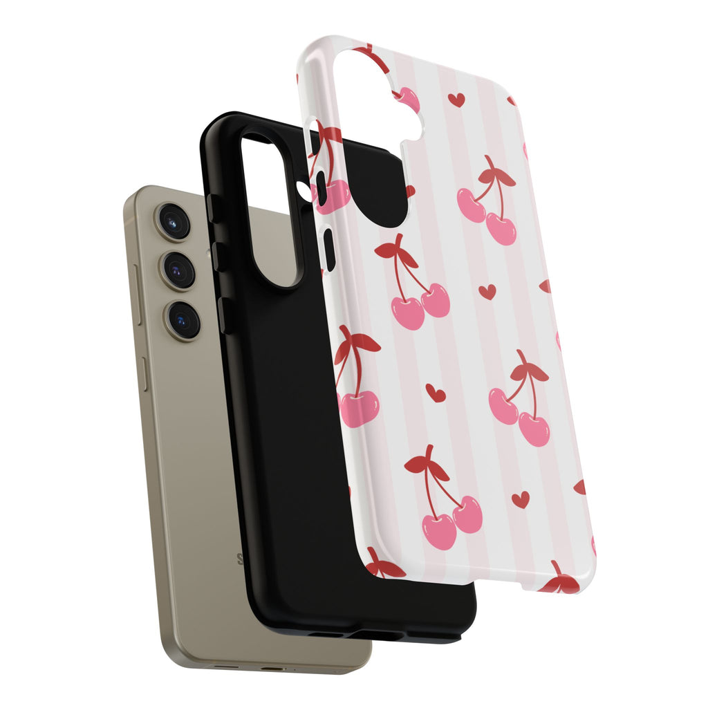 Pink Cherry Pattern Tough Phone Case — Cute Retro Fruit Design