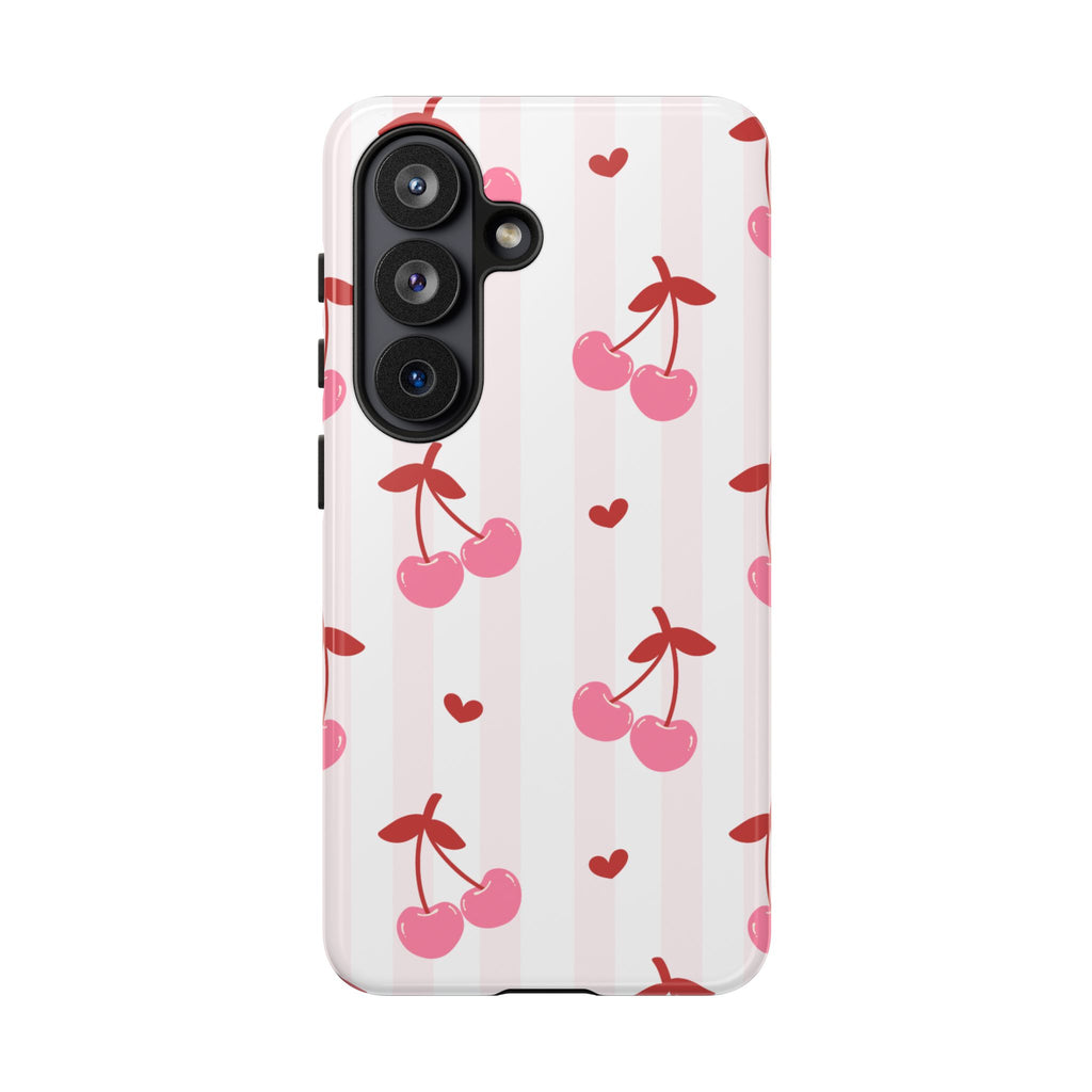 Pink Cherry Pattern Tough Phone Case — Cute Retro Fruit Design