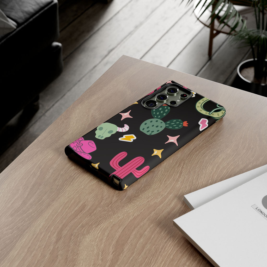 Southwest Desert Icons Tough Phone Case — Cactus, Cowboy & Skull Pattern