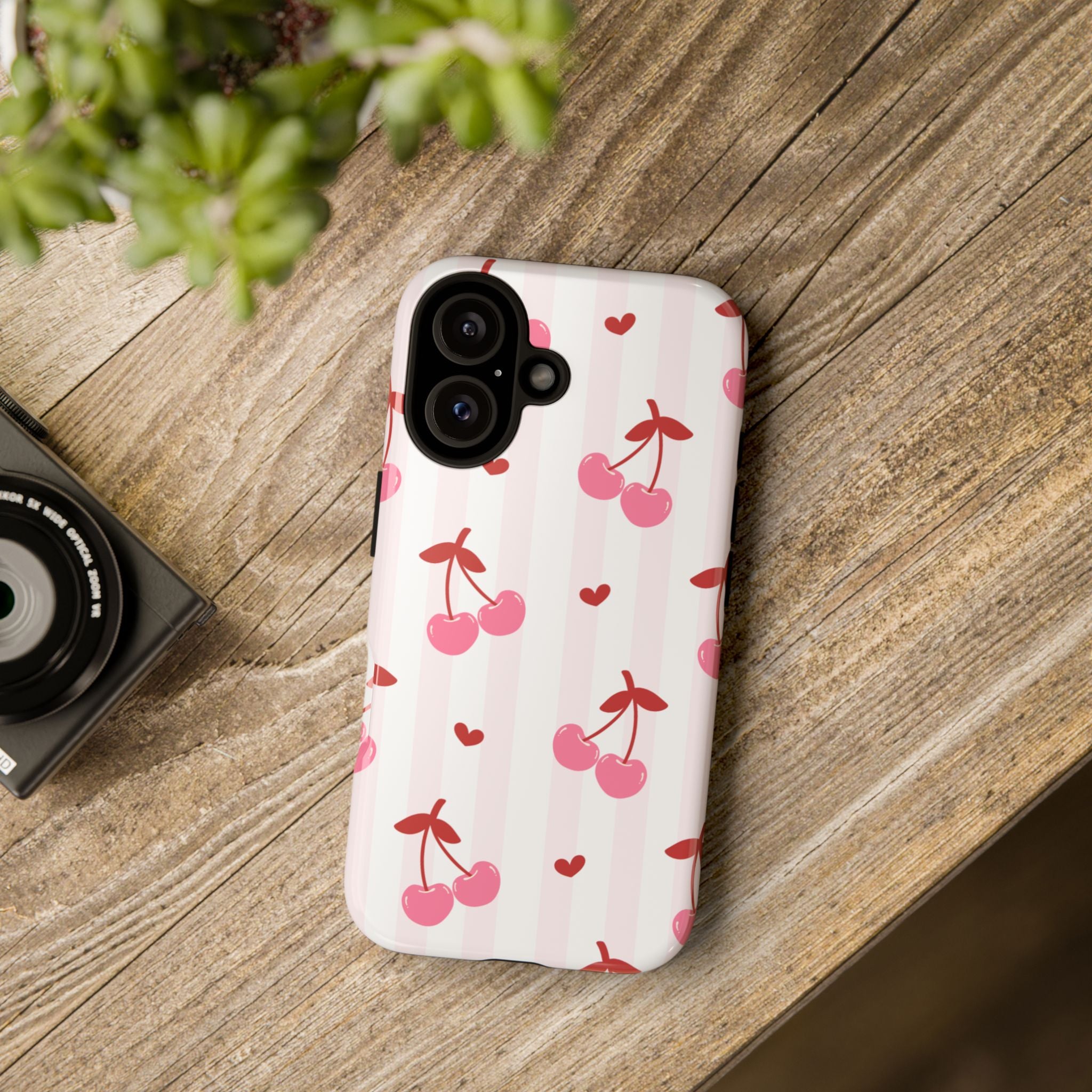 Pink Cherry Pattern Tough Phone Case — Cute Retro Fruit Design