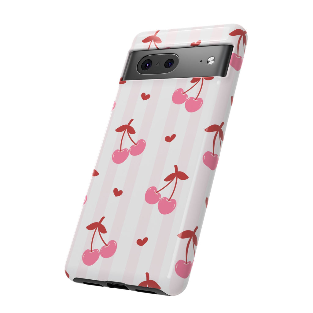 Pink Cherry Pattern Tough Phone Case — Cute Retro Fruit Design