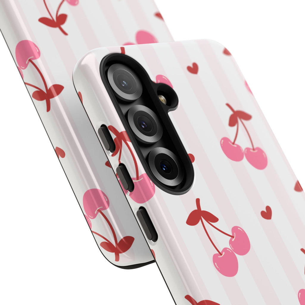 Pink Cherry Pattern Tough Phone Case — Cute Retro Fruit Design