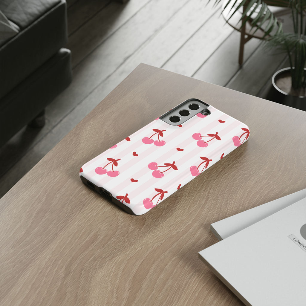 Pink Cherry Pattern Tough Phone Case — Cute Retro Fruit Design