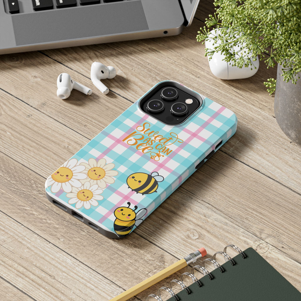 Sweet As Can Bee Tough Phone Case — Cute Bee & Daisy Plaid Protective Cover