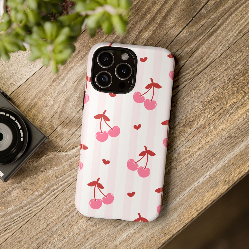 Pink Cherry Pattern Tough Phone Case — Cute Retro Fruit Design