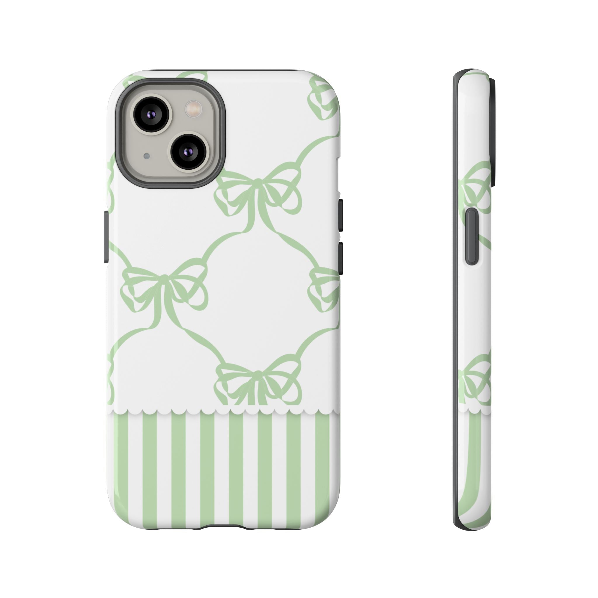 Bow Pattern Tough Phone Case — Pastel Green Stripes & Ribbon Design