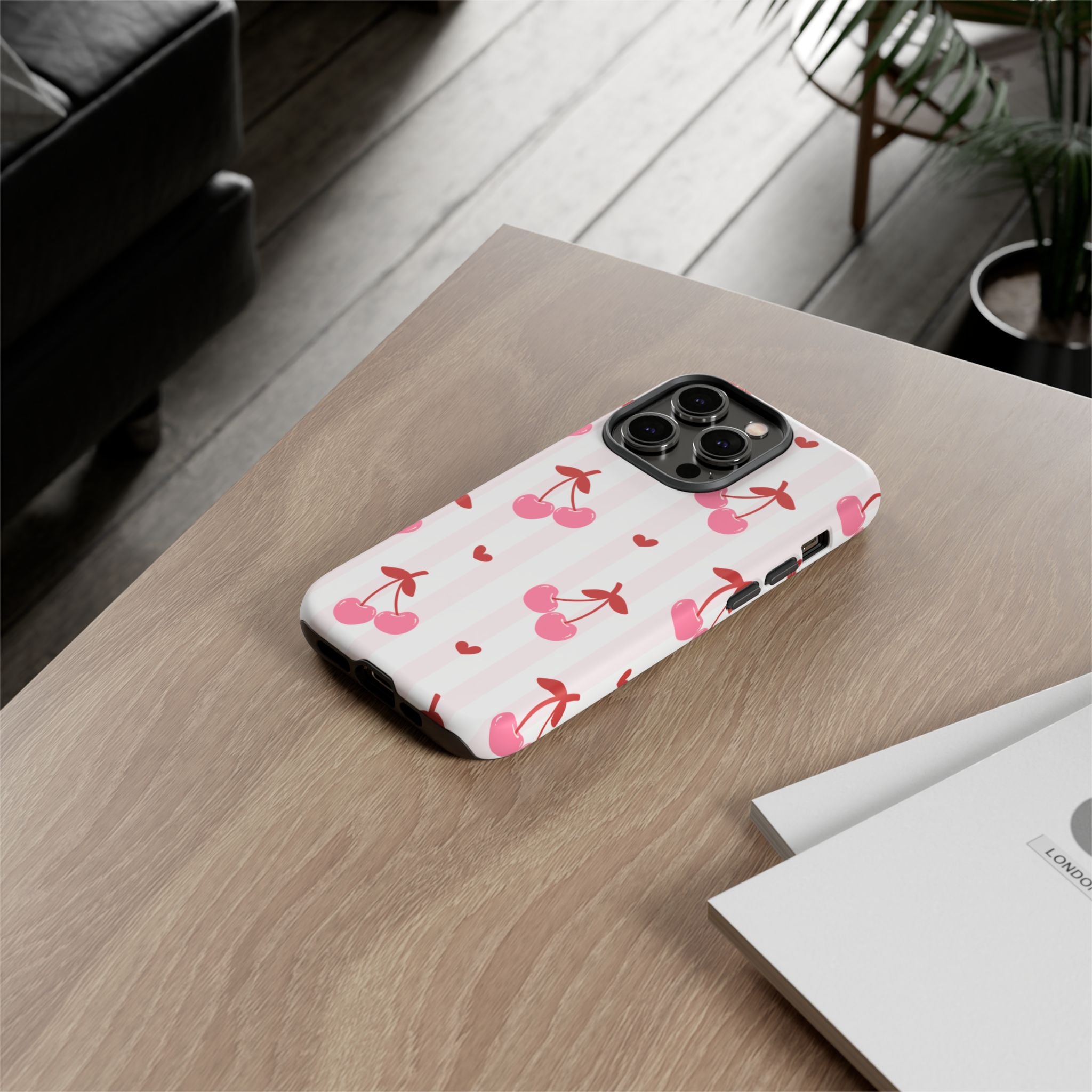 Pink Cherry Pattern Tough Phone Case — Cute Retro Fruit Design