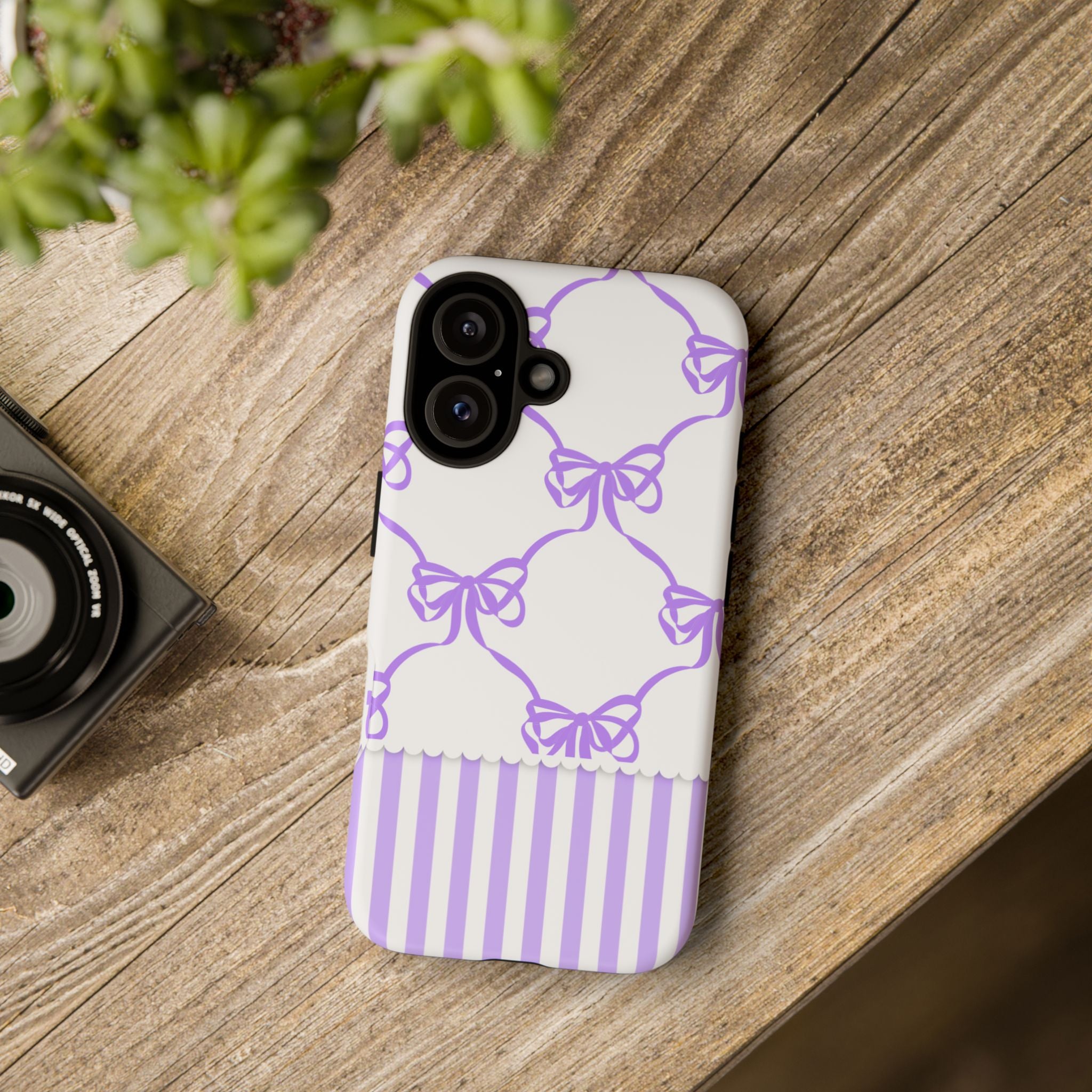 Lavender Bow Pattern Tough Phone Case - Striped Cute iPhone Cover