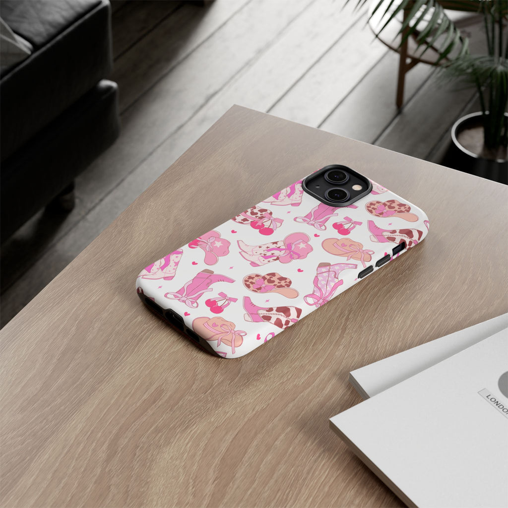 Pink Cowgirl Phone Case - Cute Western Boots & Hats Pattern Tough Case