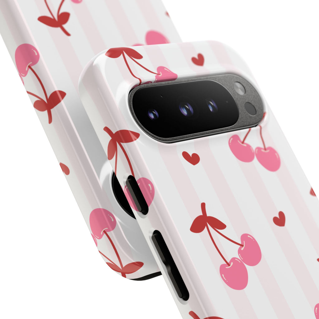 Pink Cherry Pattern Tough Phone Case — Cute Retro Fruit Design