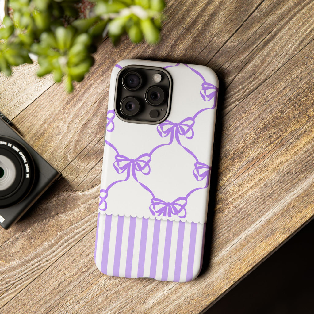 Lavender Bow Pattern Tough Phone Case - Striped Cute iPhone Cover