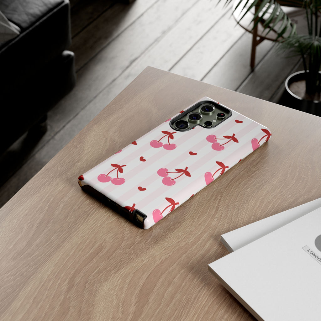 Pink Cherry Pattern Tough Phone Case — Cute Retro Fruit Design