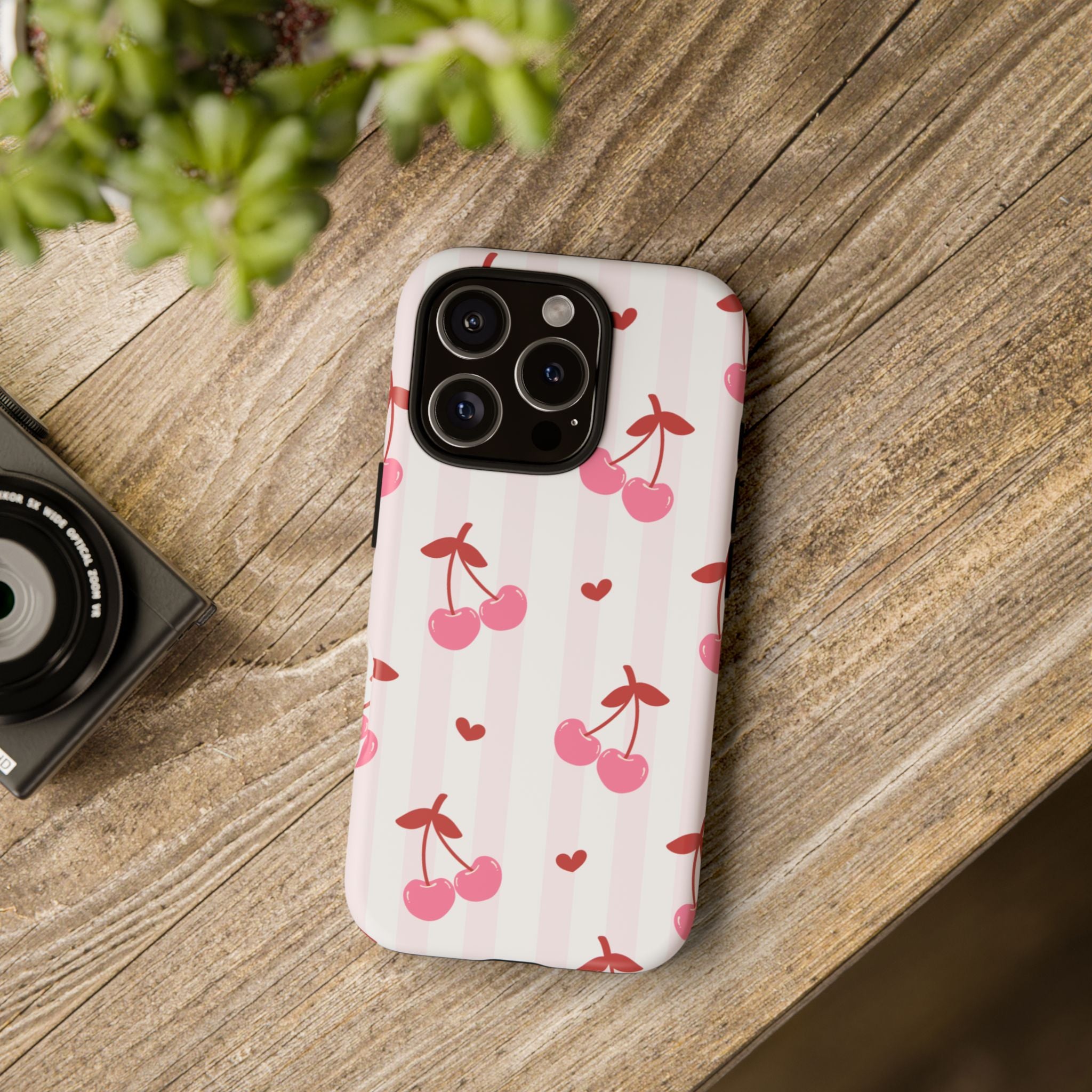 Pink Cherry Pattern Tough Phone Case — Cute Retro Fruit Design