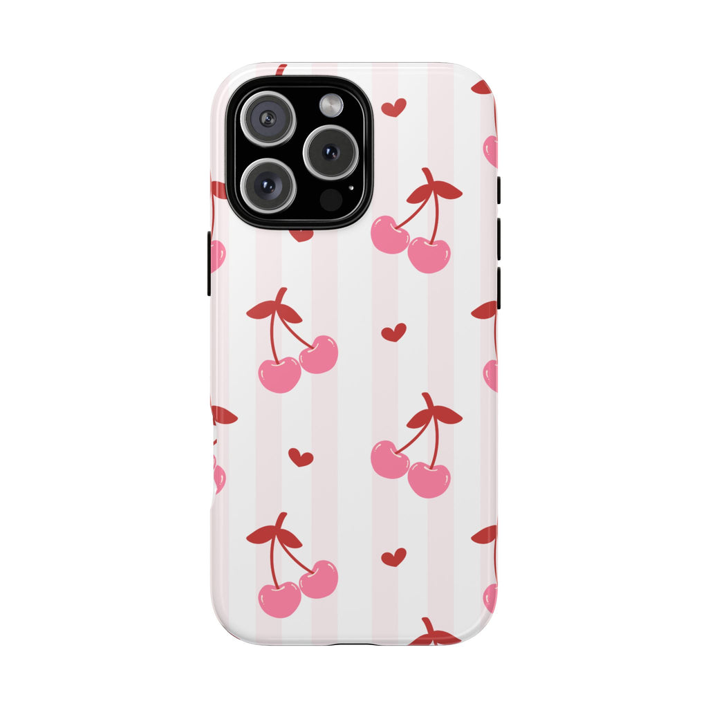 Pink Cherry Pattern Tough Phone Case — Cute Retro Fruit Design