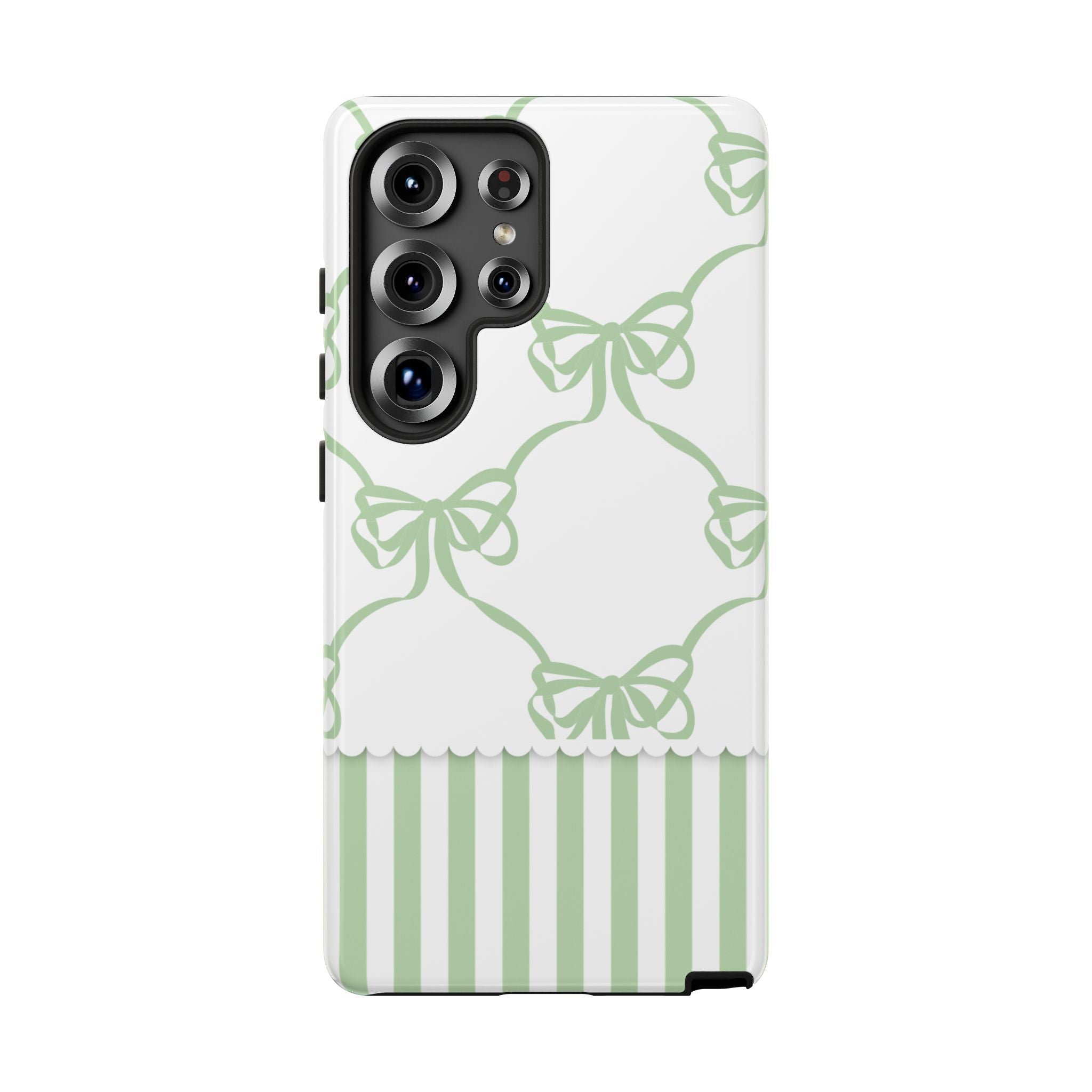 Bow Pattern Tough Phone Case — Pastel Green Stripes & Ribbon Design
