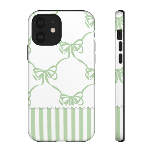 Bow Pattern Tough Phone Case — Pastel Green Stripes & Ribbon Design