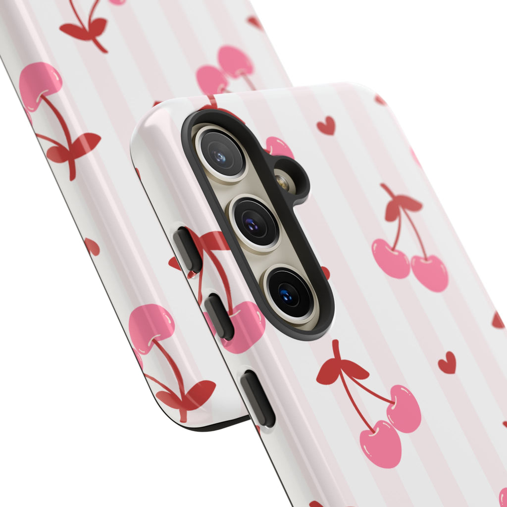Pink Cherry Pattern Tough Phone Case — Cute Retro Fruit Design