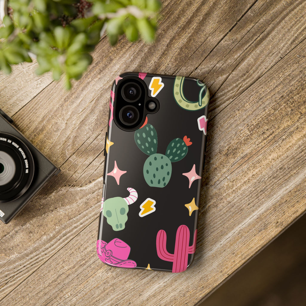 Southwest Desert Icons Tough Phone Case — Cactus, Cowboy & Skull Pattern