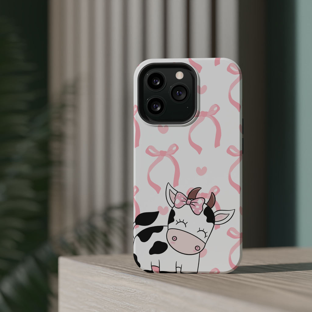 Cute Cow Phone Case — Pink Bows Magnetic Impact-Resistant Case