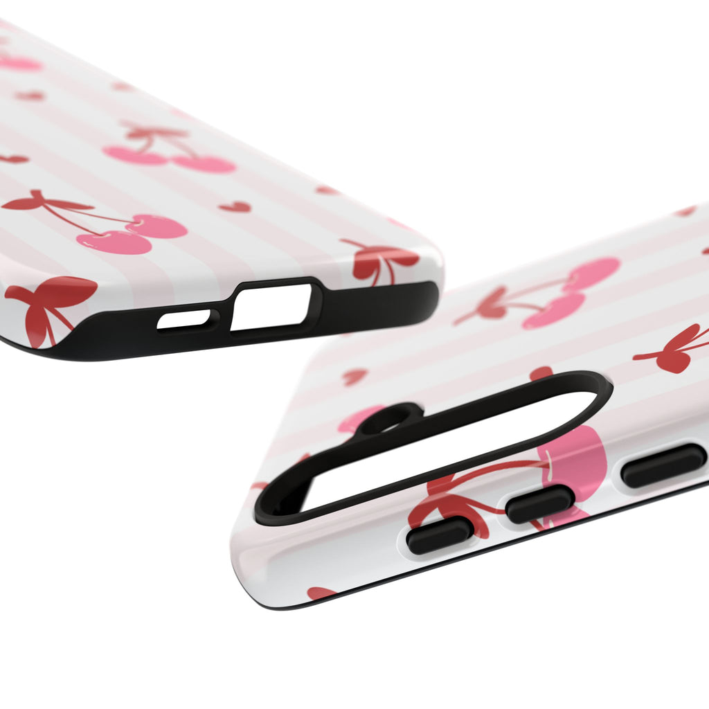 Pink Cherry Pattern Tough Phone Case — Cute Retro Fruit Design