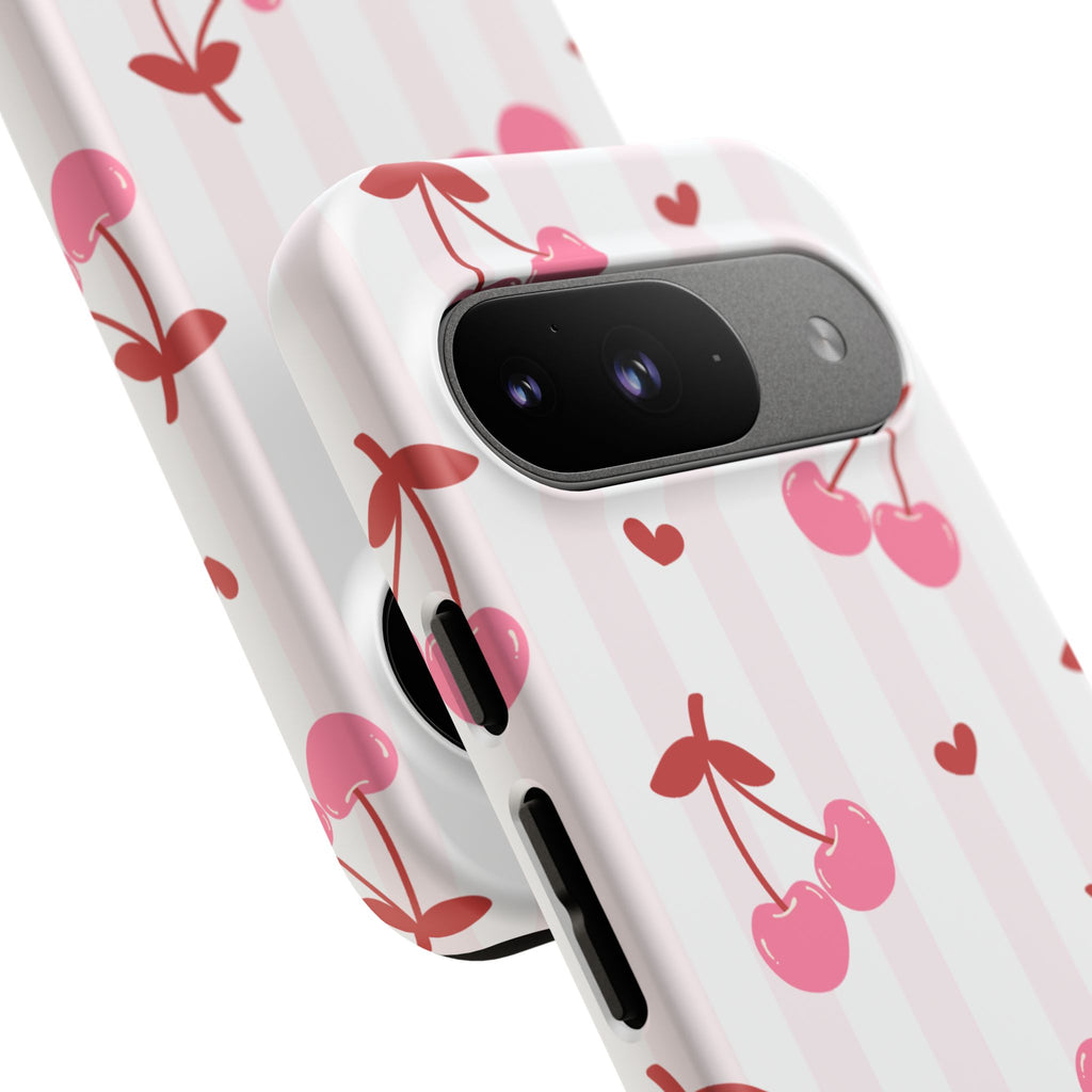 Pink Cherry Pattern Tough Phone Case — Cute Retro Fruit Design