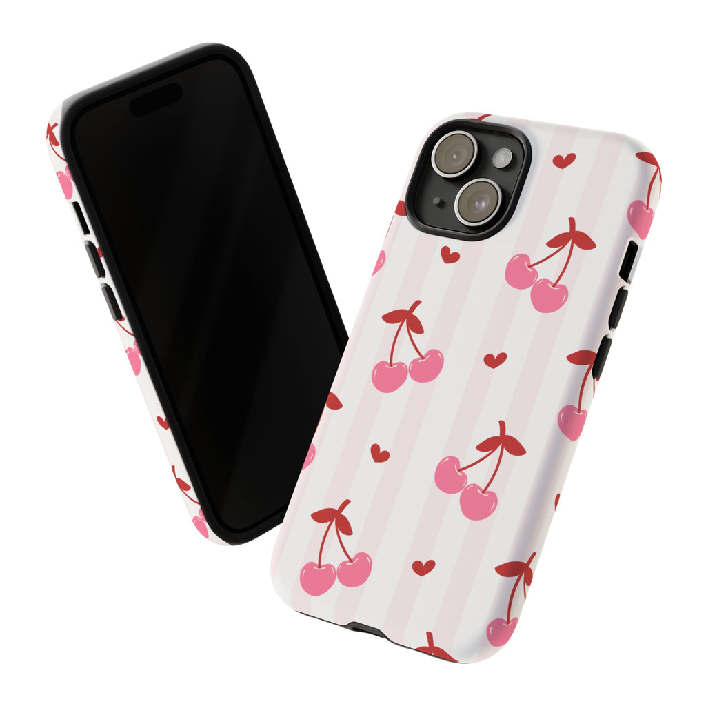 Pink Cherry Pattern Tough Phone Case — Cute Retro Fruit Design