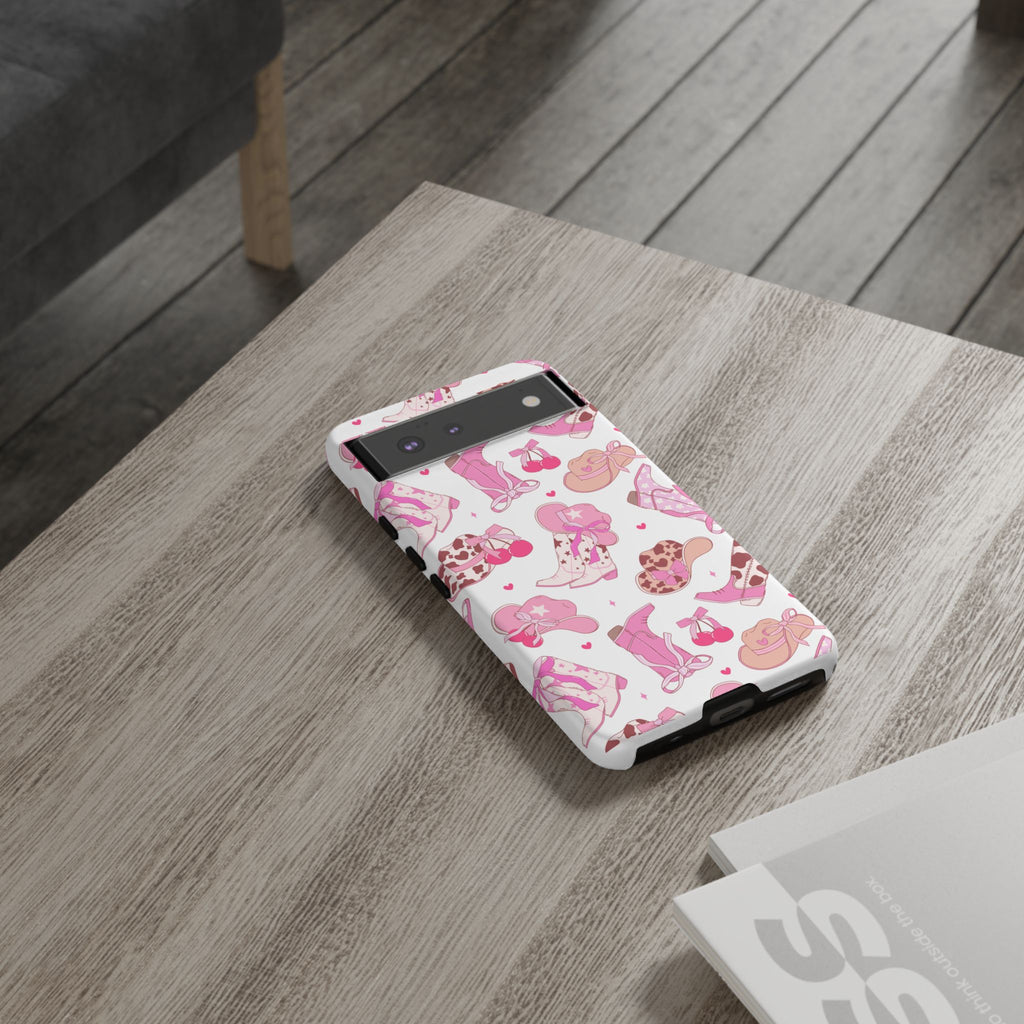 Pink Cowgirl Phone Case - Cute Western Boots & Hats Pattern Tough Case