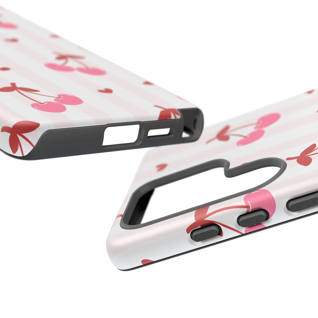 Pink Cherry Pattern Tough Phone Case — Cute Retro Fruit Design