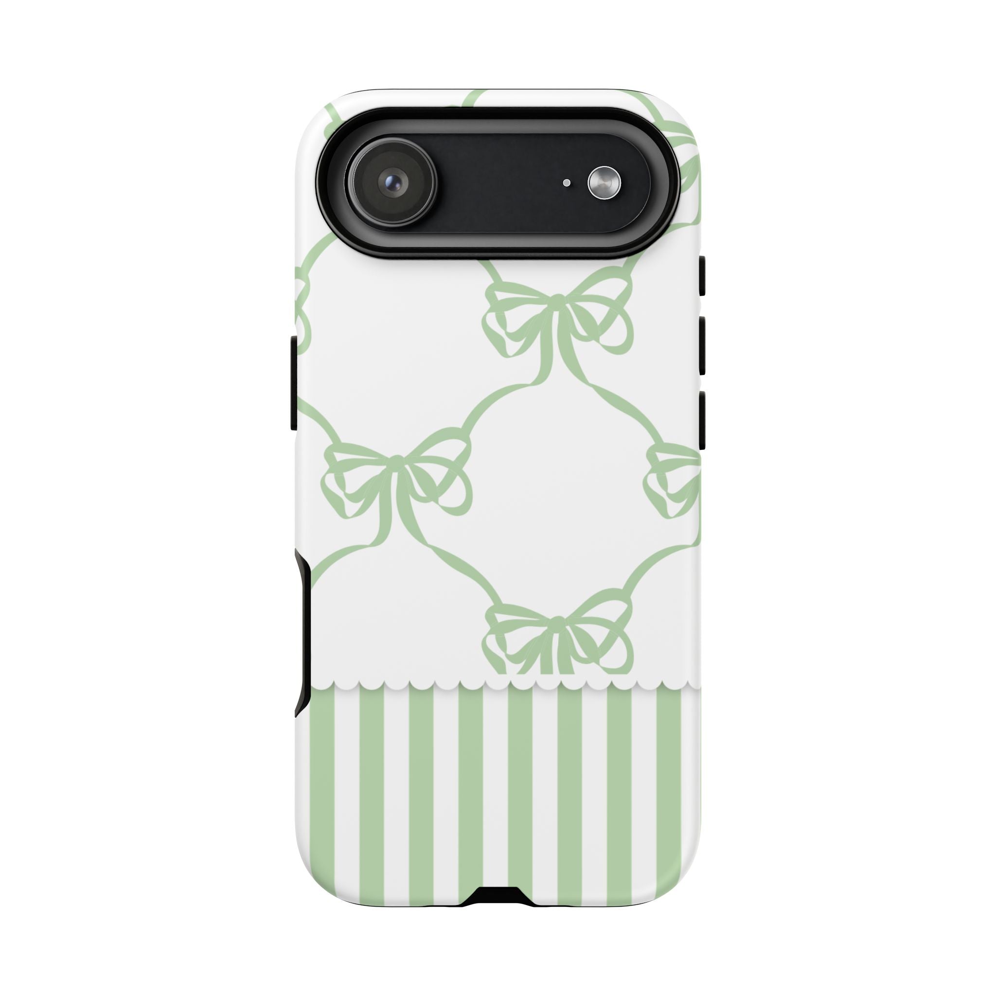 Bow Pattern Tough Phone Case — Pastel Green Stripes & Ribbon Design