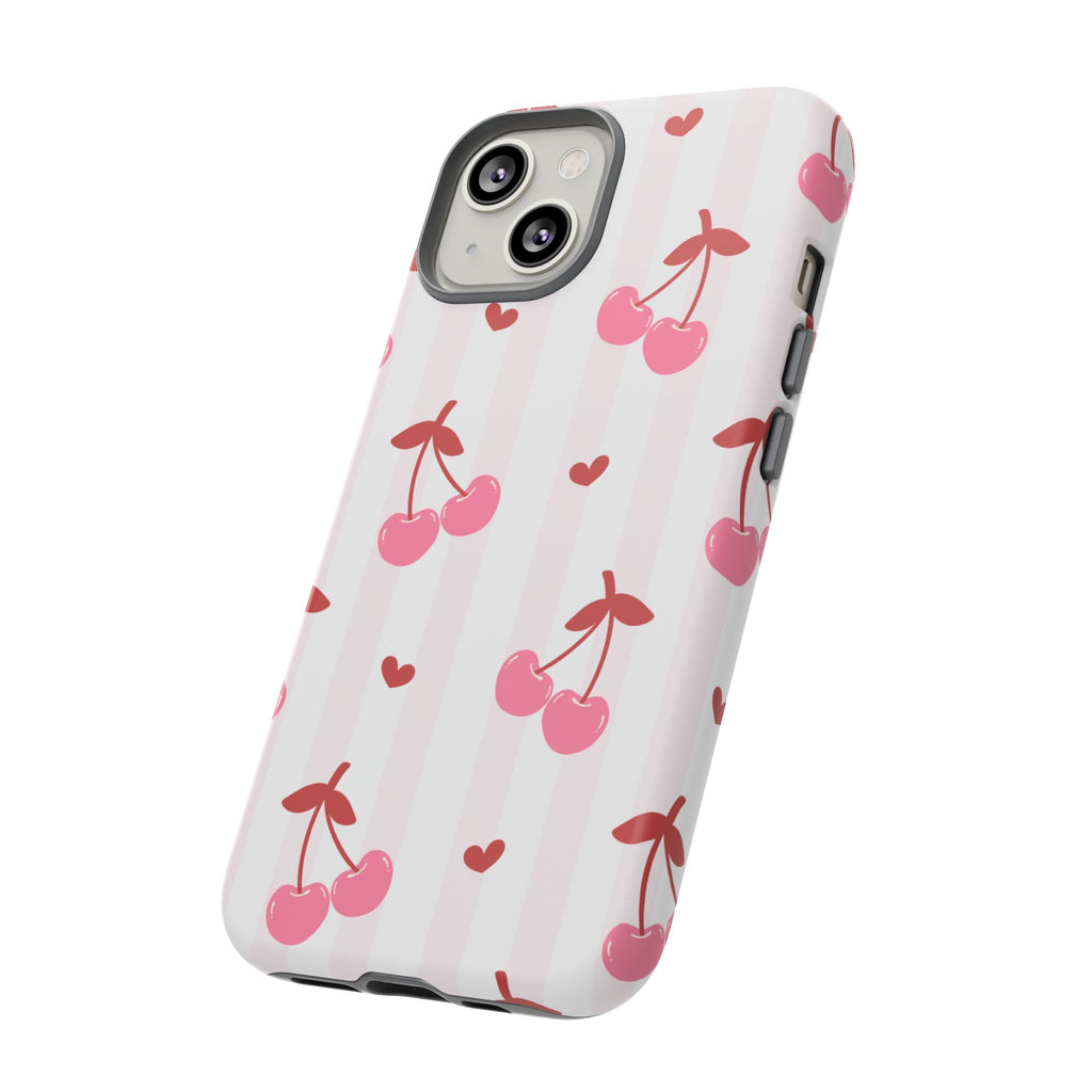 Pink Cherry Pattern Tough Phone Case — Cute Retro Fruit Design