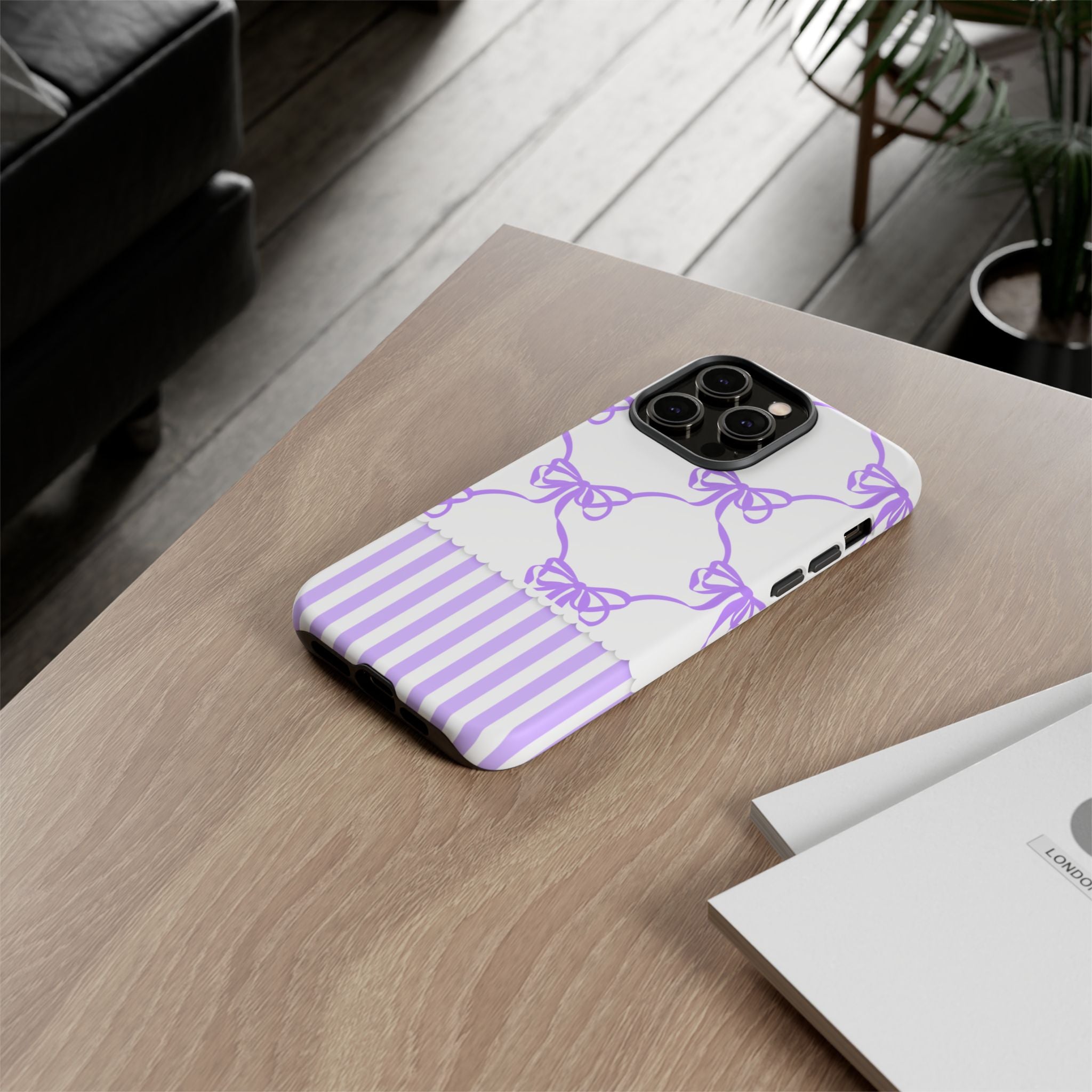 Lavender Bow Pattern Tough Phone Case - Striped Cute iPhone Cover