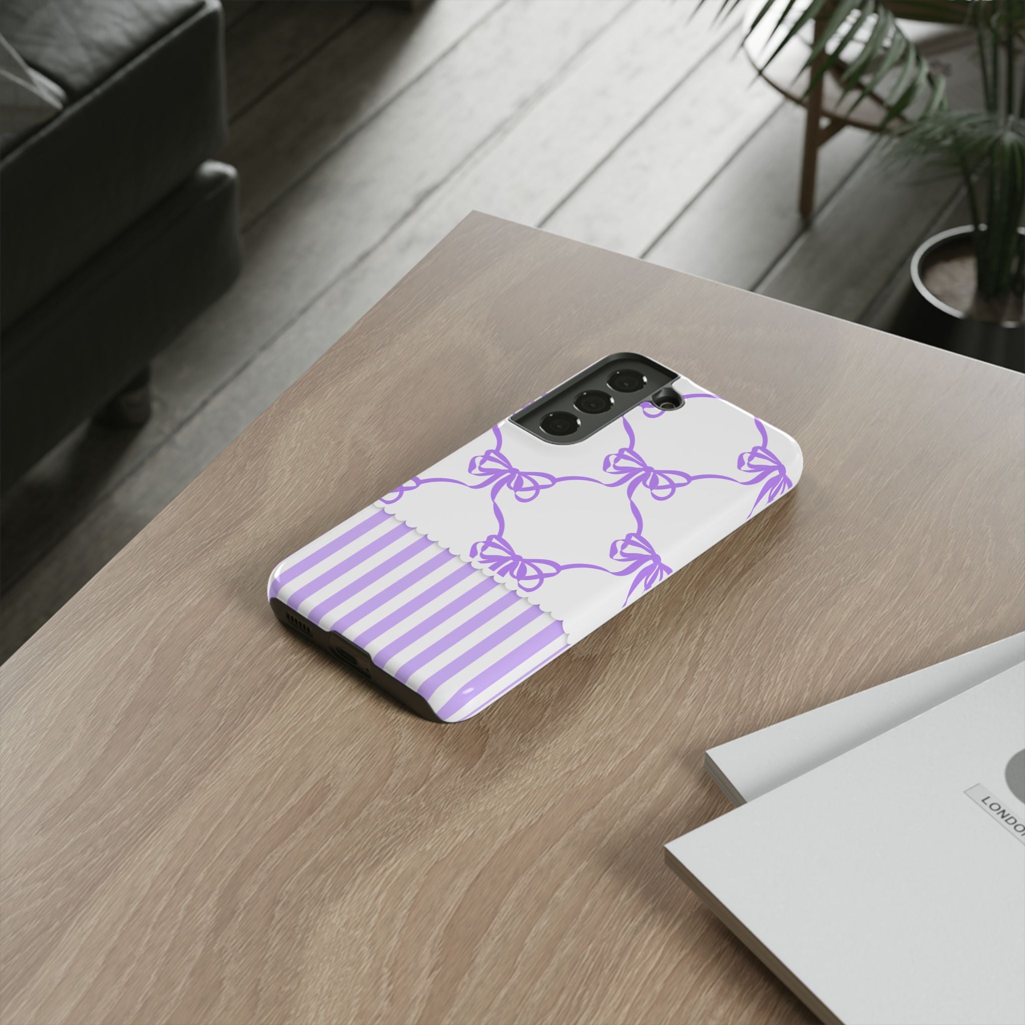 Lavender Bow Pattern Tough Phone Case - Striped Cute iPhone Cover